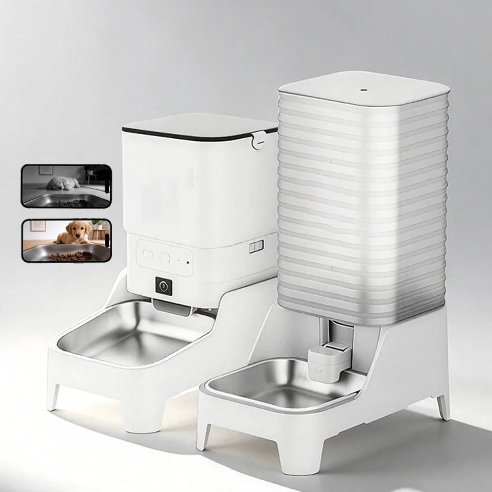 Distributeur croquette automatique connecté avec caméra et fontaine à eau inox chat