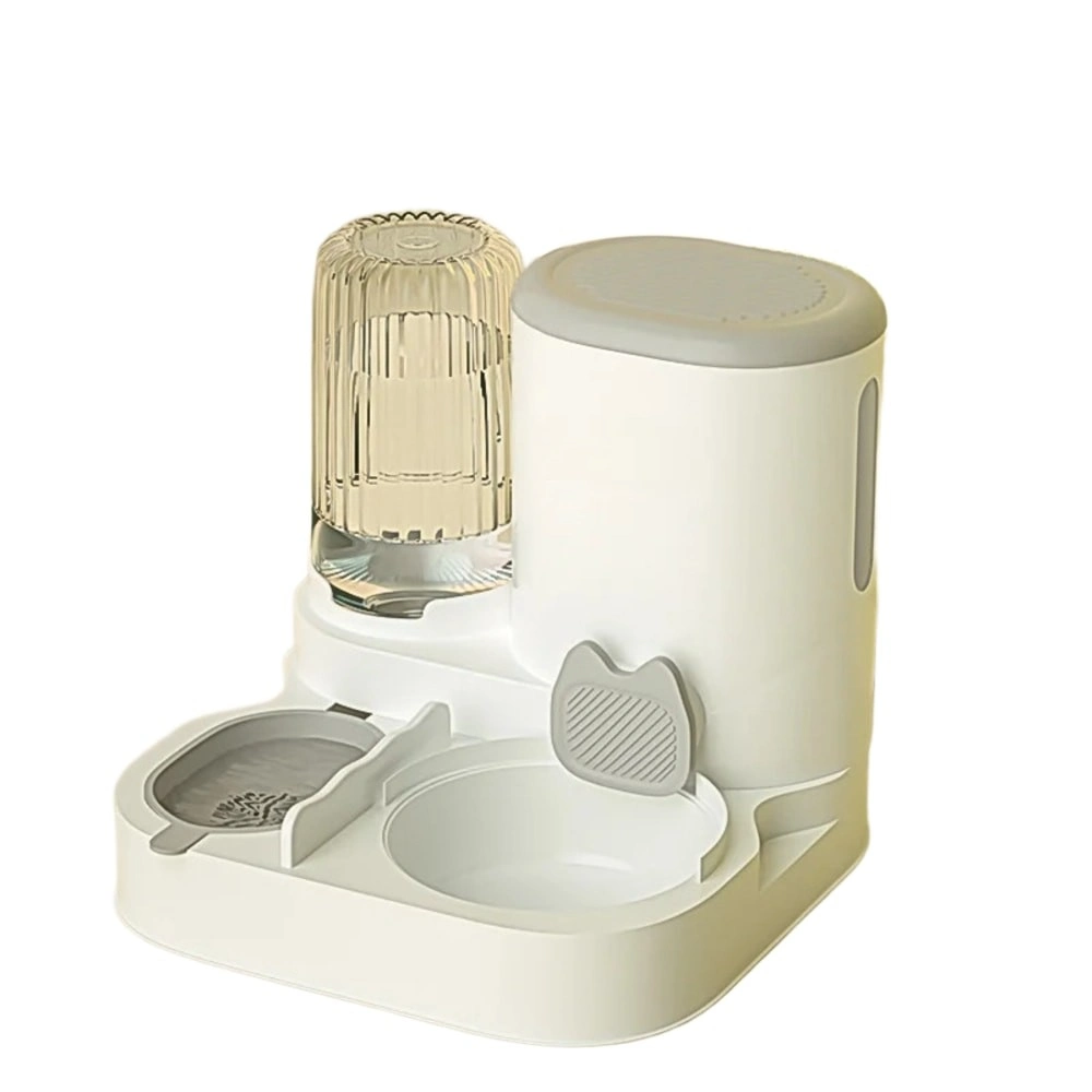 Distributeur automatique double bol chat coloris gris fond blanc vue trois quarts