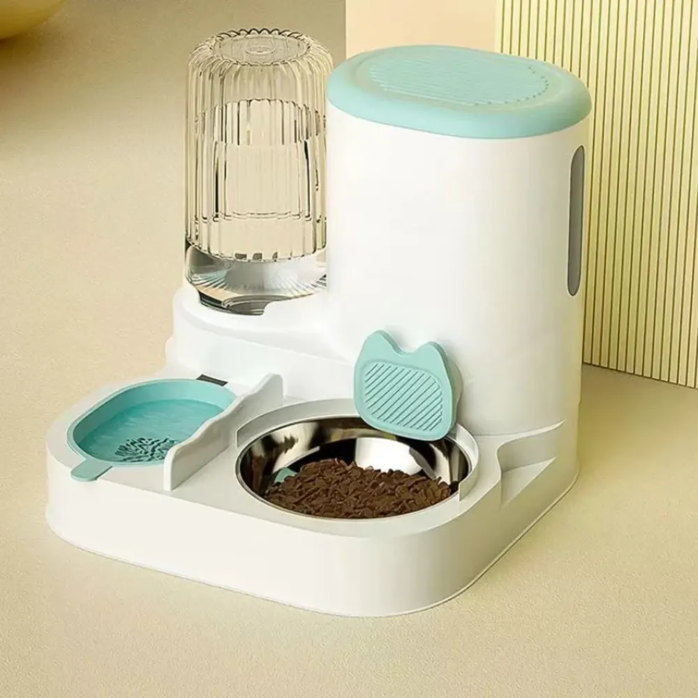 Distributeur croquette eau double bol inox chat coloris bleu avec gamelle remplie