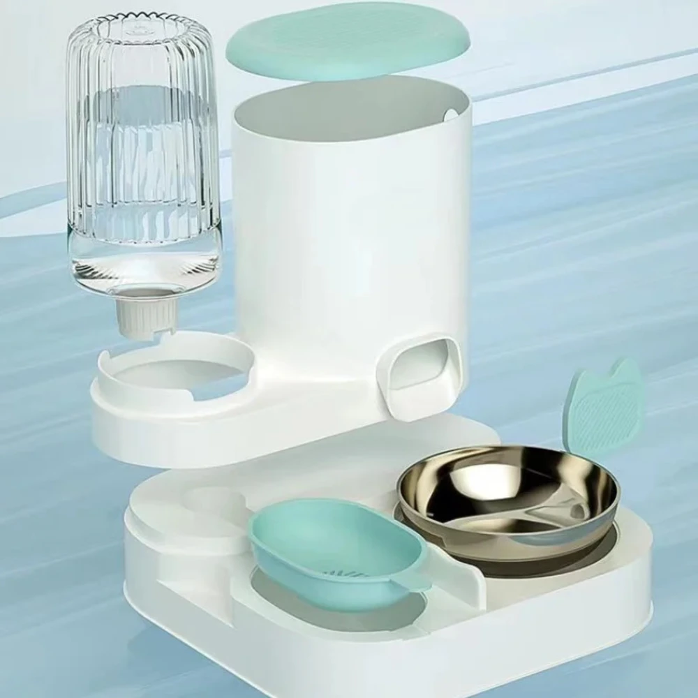 Vue éclatée distributeur double bol chat bleu réservoir eau et gamelle inox séparés