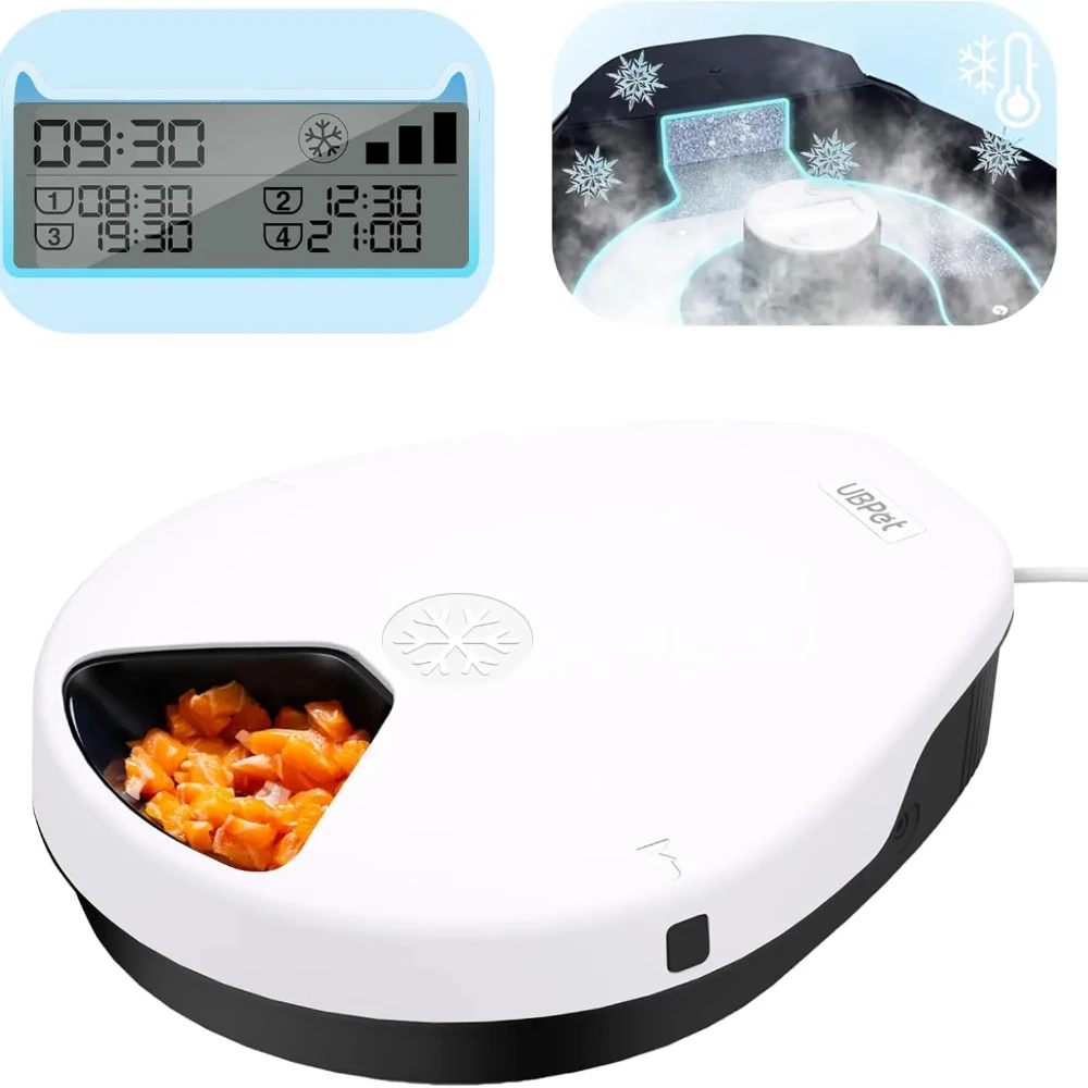 Distributeur automatique pour chat blanc avec écran LCD affichant quatre horaires programmés et système de refroidissement actif