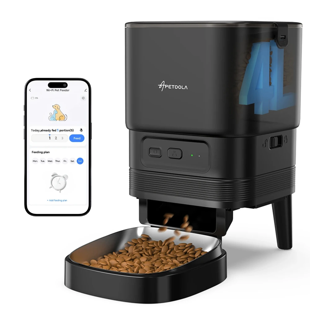 Distributeur croquettes connecté noir pour chat avec application mobile et gamelle inox