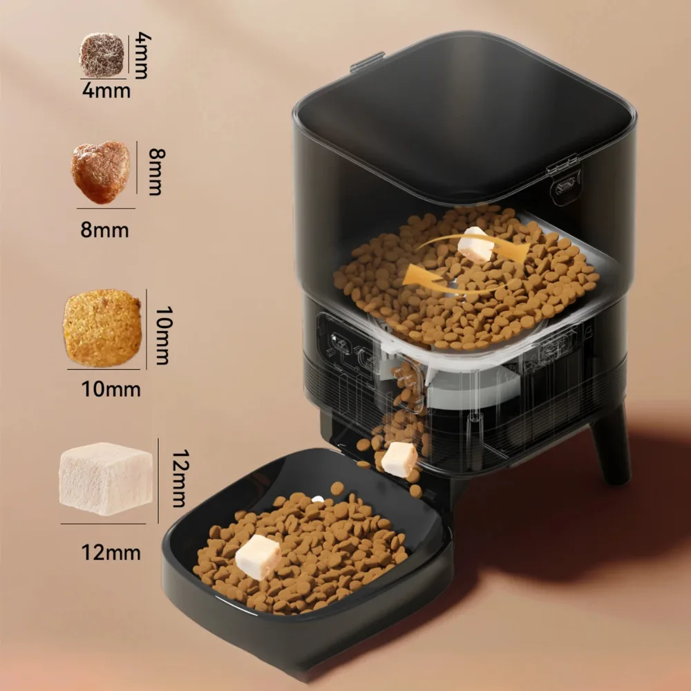 Vue en coupe distributeur croquettes chat montrant mécanisme interne et tailles kibble compatibles