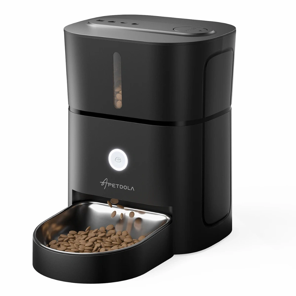 Distributeur croquette automatique noir avec gamelle inox et fenêtre de niveau visible