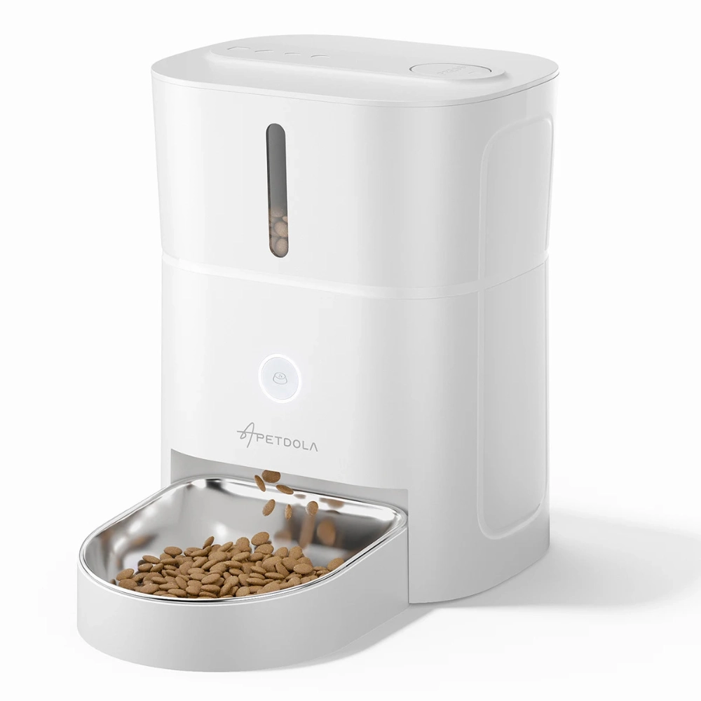 Distributeur croquette automatique blanc avec gamelle inox, vue de face