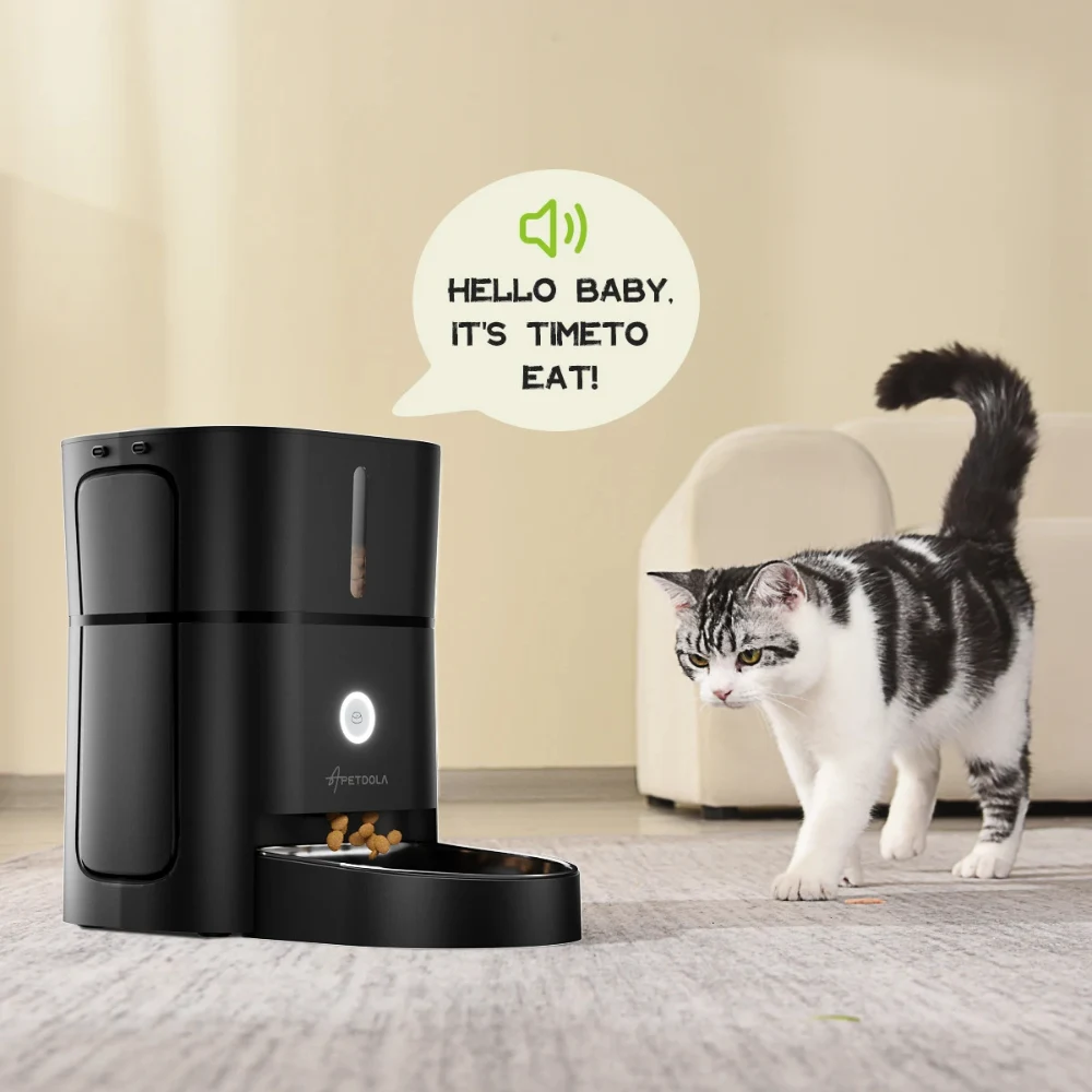 Nourrisseur automatique noir pour chat avec message vocal affiché en bulle