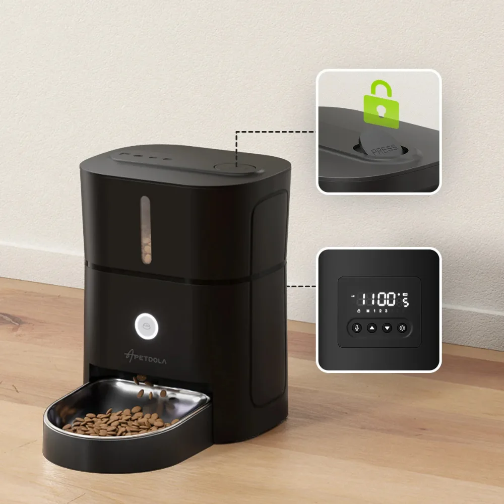 Distributeur noir avec zoom sur couvercle verrouillable et écran de programmation