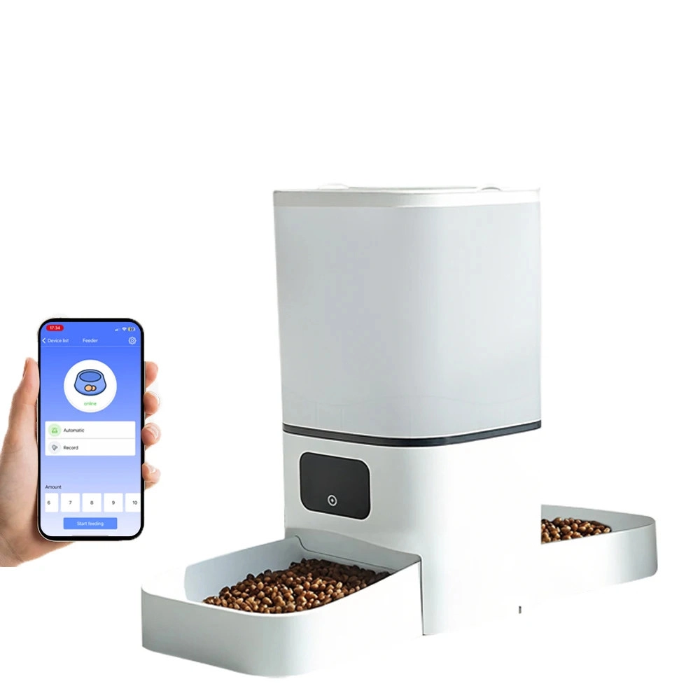 Distributeur croquette automatique blanc avec application mobile et double gamelle remplie