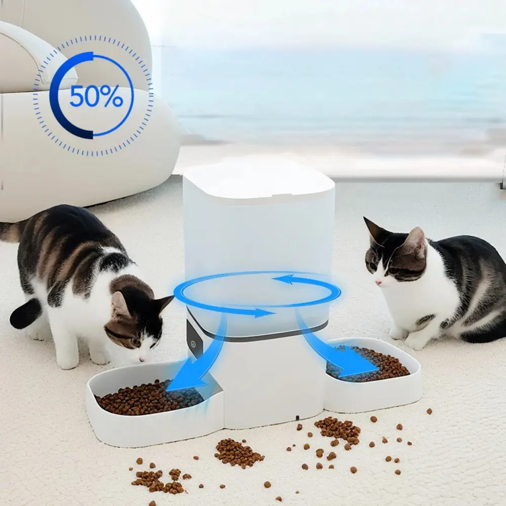Deux chats mangeant depuis un nourrisseur automatique double gamelle à distribution simultanée