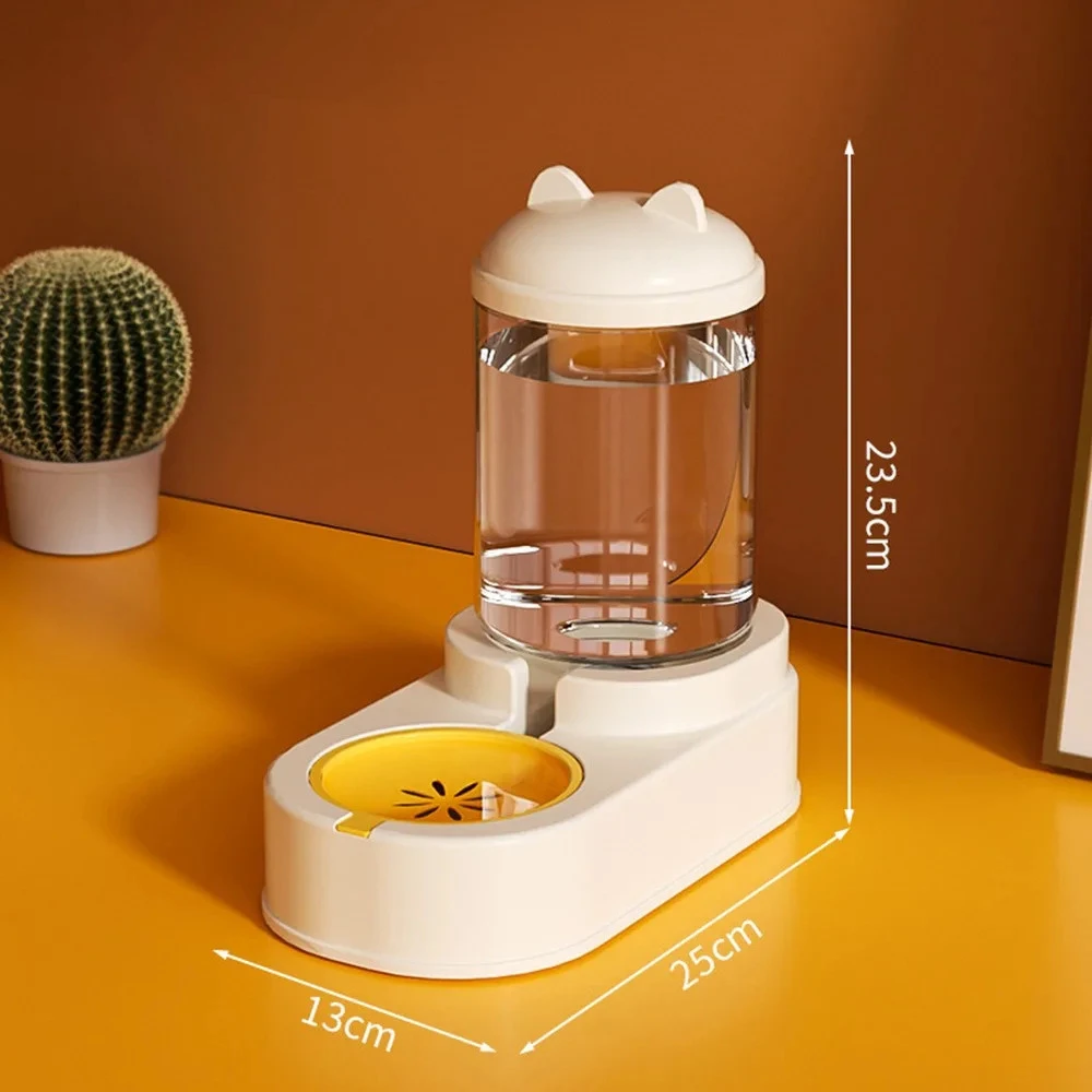 Distributeur eau automatique blanc avec couvercle oreilles chat, gamelle jaune, dimensions visibles