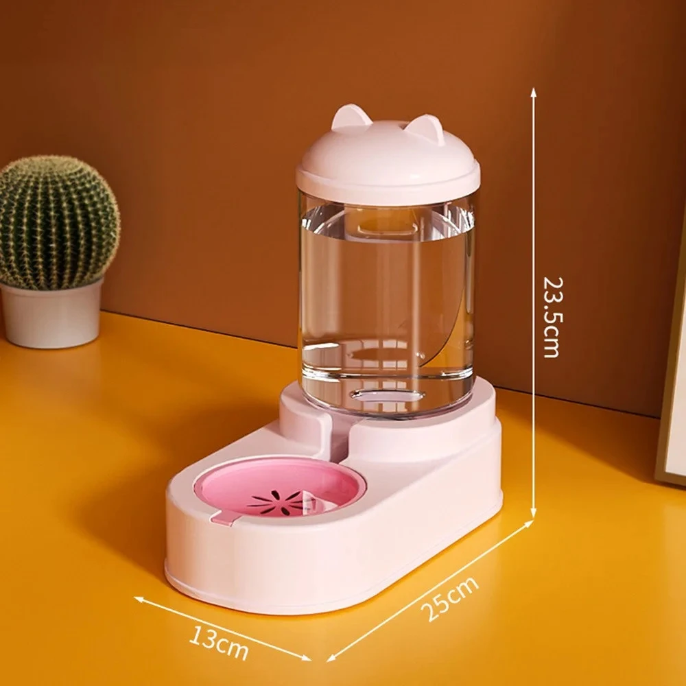 Distributeur eau automatique rose avec couvercle arrondi, gamelle rose, dimensions 25x13x23,5 cm