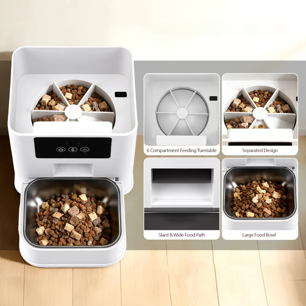 Plateau tournant 6 compartiments distributeur croquette automatique avec gamelle inox grande capacité