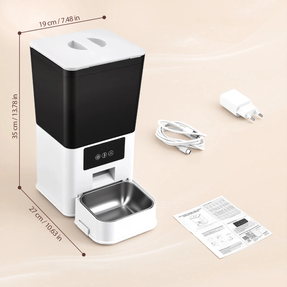 Distributeur croquette connecté blanc et noir 35 cm avec gamelle inox câble et chargeur
