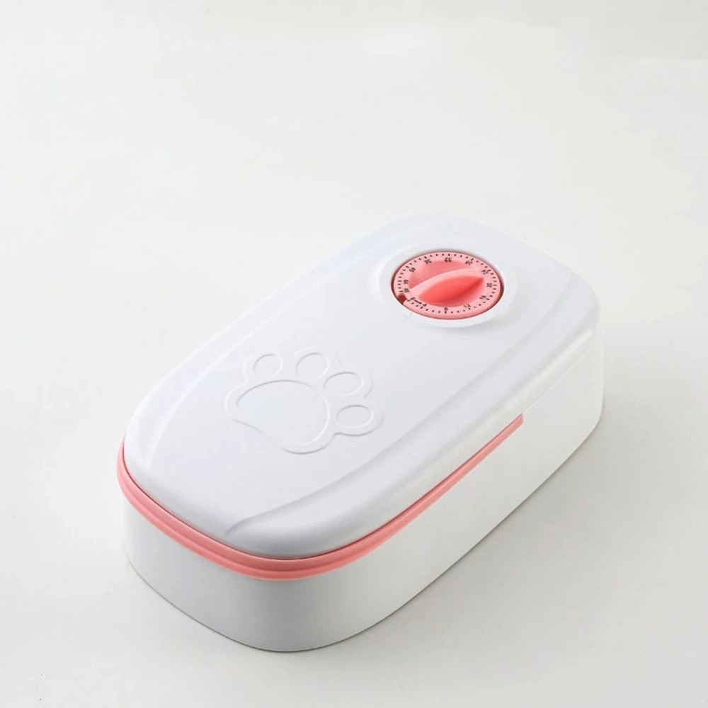 Nourrisseur automatique chat rose vue de dessus avec molette minuterie et motif patte