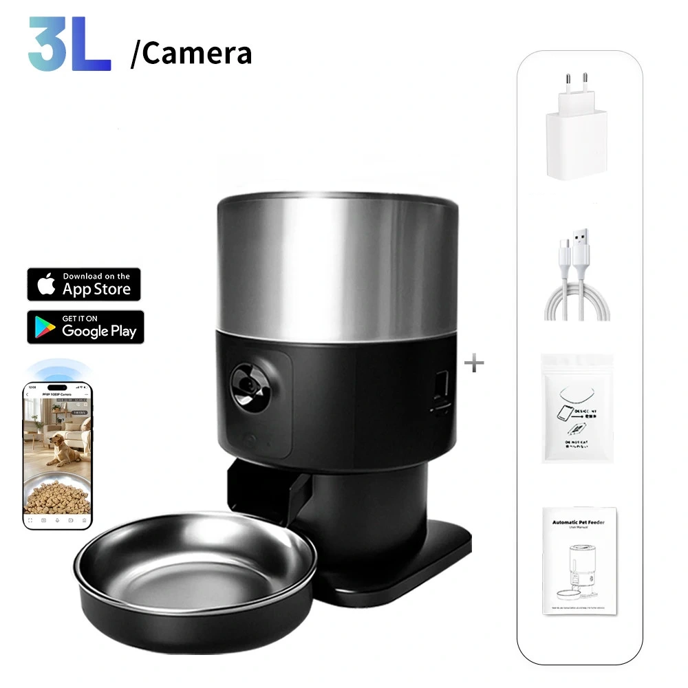 Distributeur croquette automatique connecté 3L inox avec caméra intégrée et gamelle inox pour chat