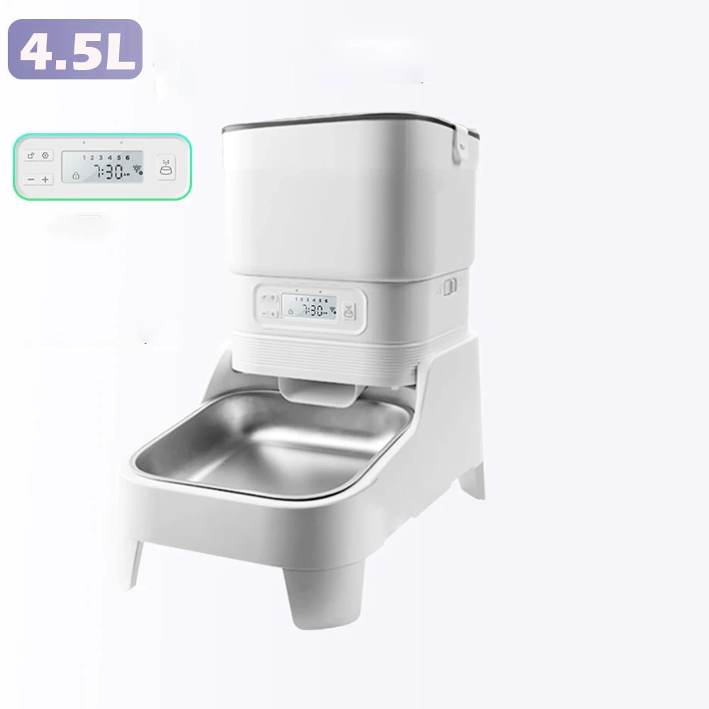Distributeur croquette chat blanc programmable écran LCD gamelle inox pied surélevé 15 cm
