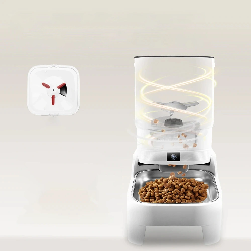 Vue intérieure mécanisme distributeur croquette automatique chat capacité 4,5 litres