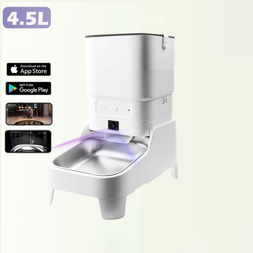 Distributeur croquette automatique blanc avec caméra intégrée, lumière UV et gamelle inox surélevée