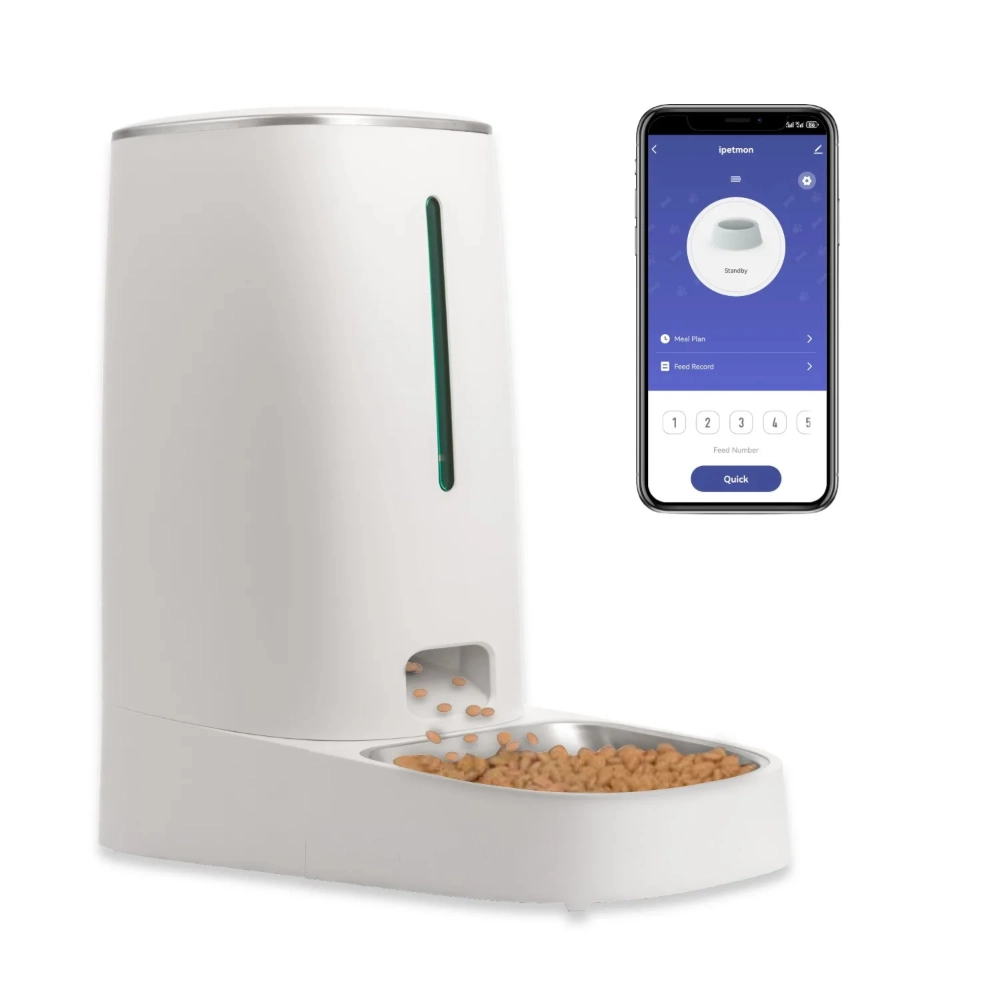 Distributeur croquettes automatique blanc connecté Wi-Fi avec bol inox et application mobile ipetmon