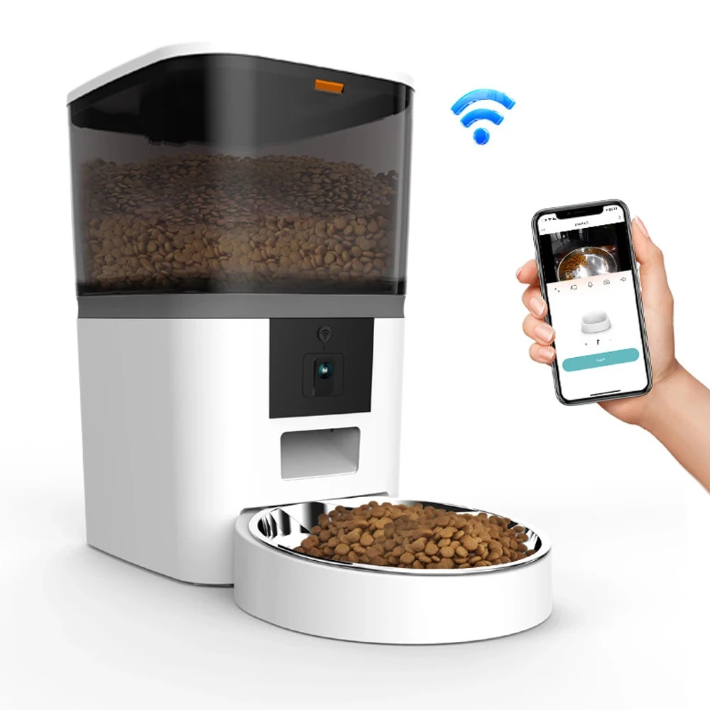 Distributeur croquette blanc connecté avec caméra intégrée, gamelle inox et application smartphone