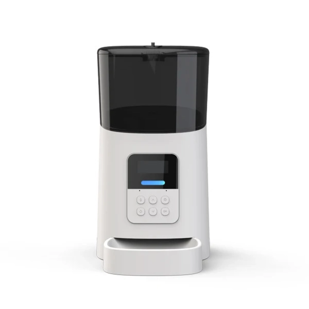 Nourrisseur automatique pour chien blanc avec réservoir transparent et écran LCD frontal