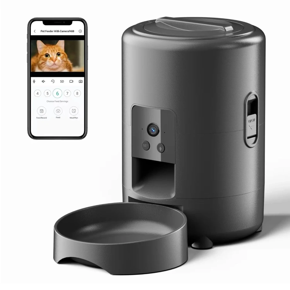 Distributeur croquettes noir pour chat avec caméra et application de contrôle sur smartphone