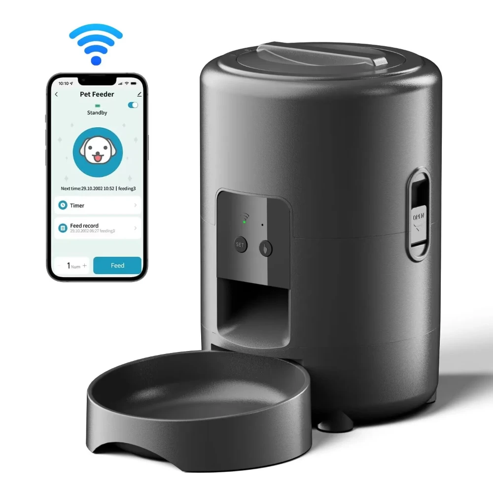 Distributeur automatique noir pour chat sans caméra avec application Wi-Fi et gamelle détachable