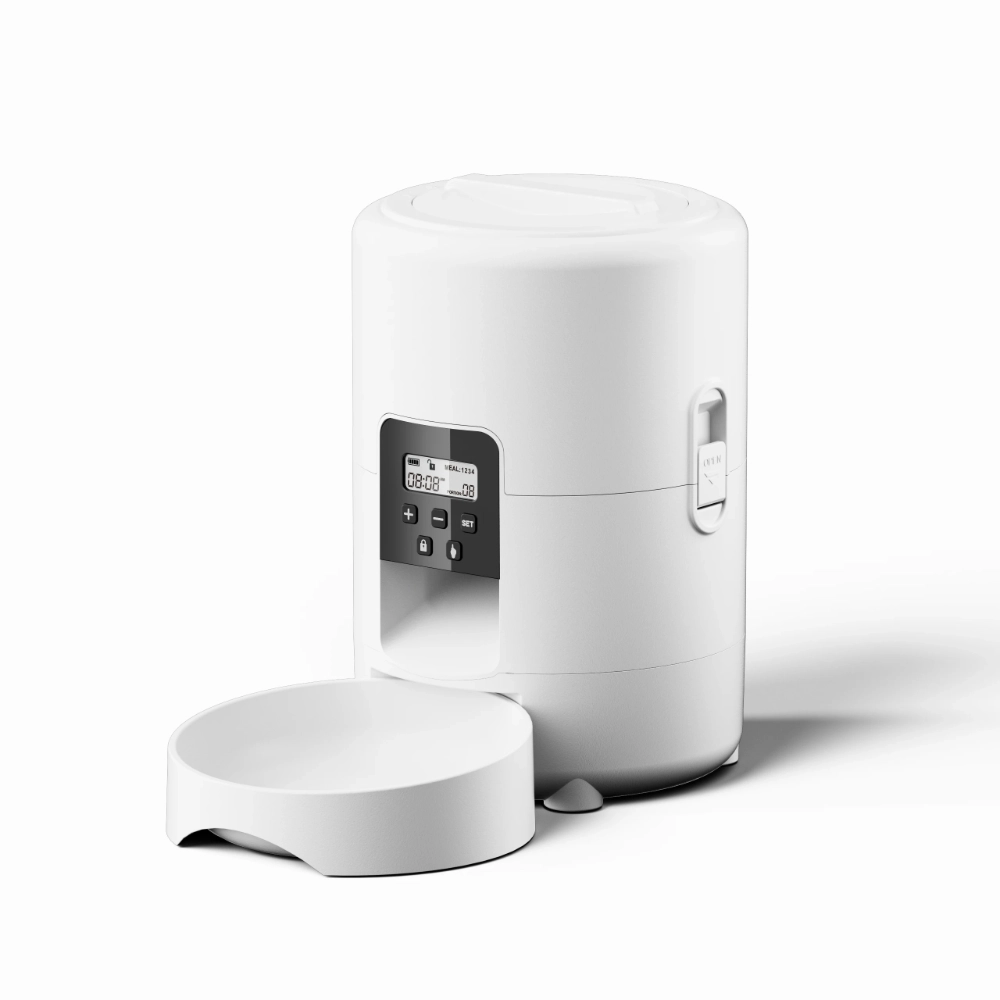 Distributeur croquette automatique blanc pour chat avec gamelle amovible et panneau de boutons