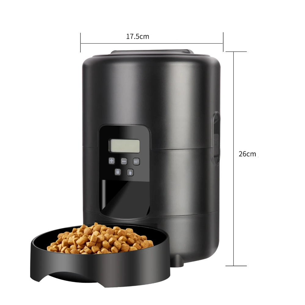 Distributeur croquette noir compact dimensions 17,5 cm largeur 26 cm hauteur avec gamelle remplie