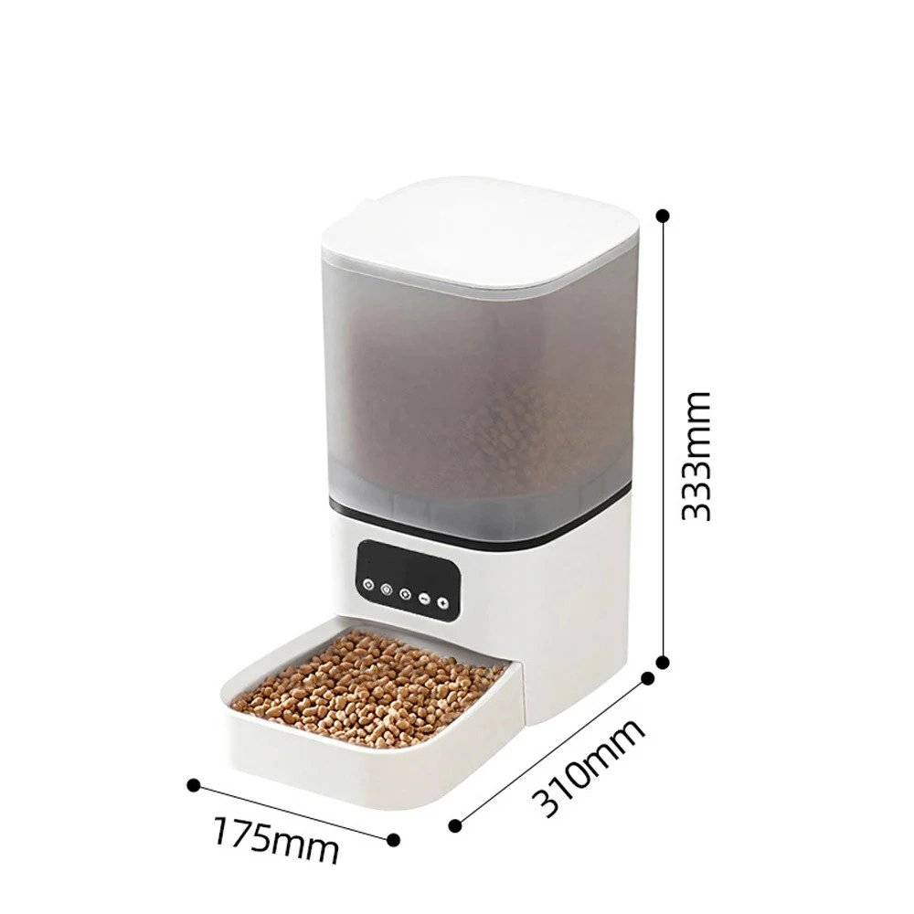 Distributeur croquette automatique blanc pour chien avec réservoir transparent 6L et gamelle remplie de croquettes, dimensions affichées