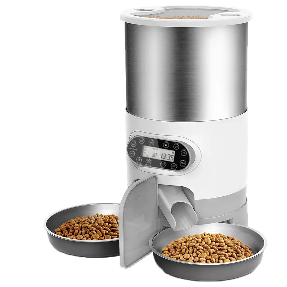Nourrisseur automatique pour chat vue de face avec deux gamelles inox remplies de croquettes