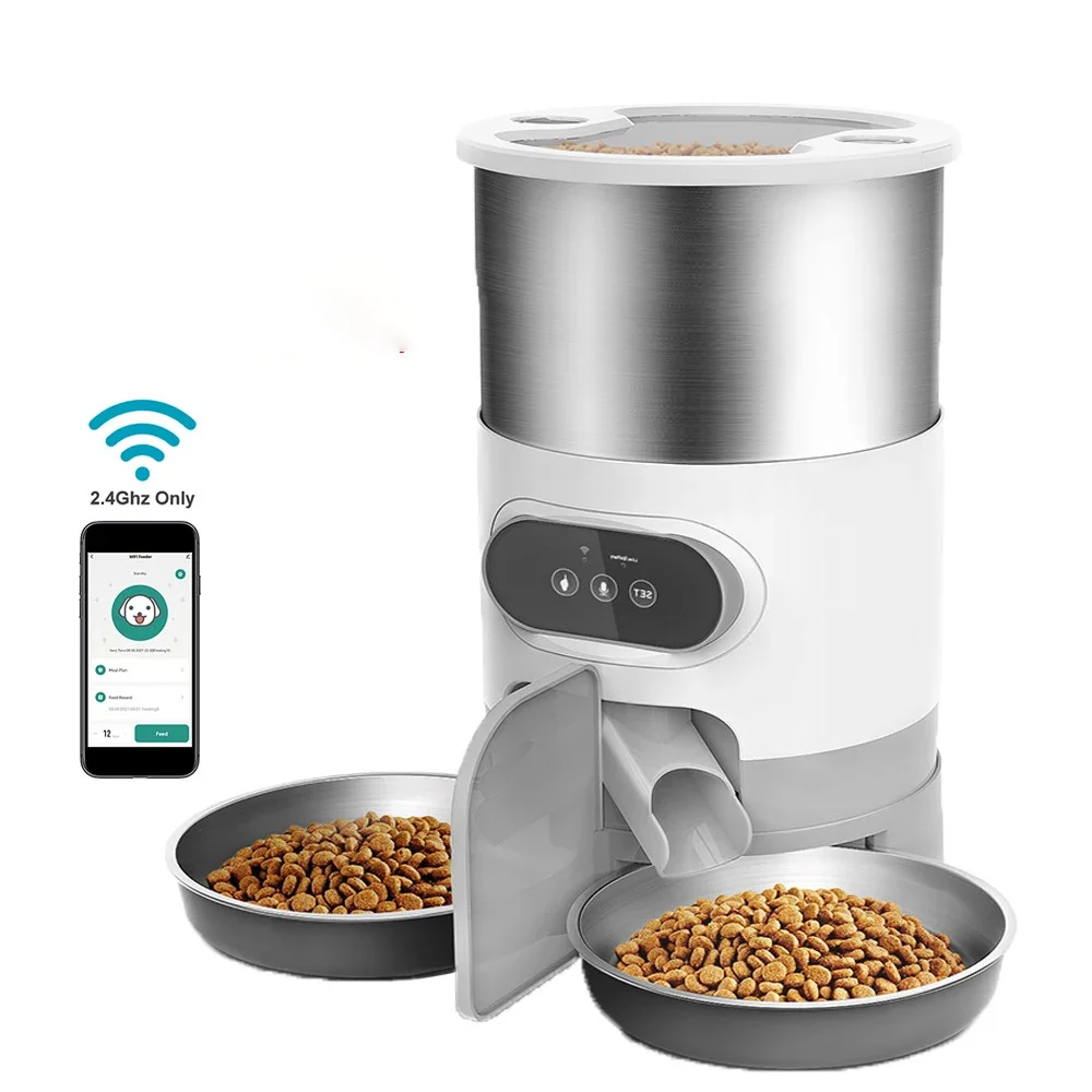 Nourrisseur automatique double gamelle inox chat avec écran LCD et connexion Wi-Fi 2,4 GHz