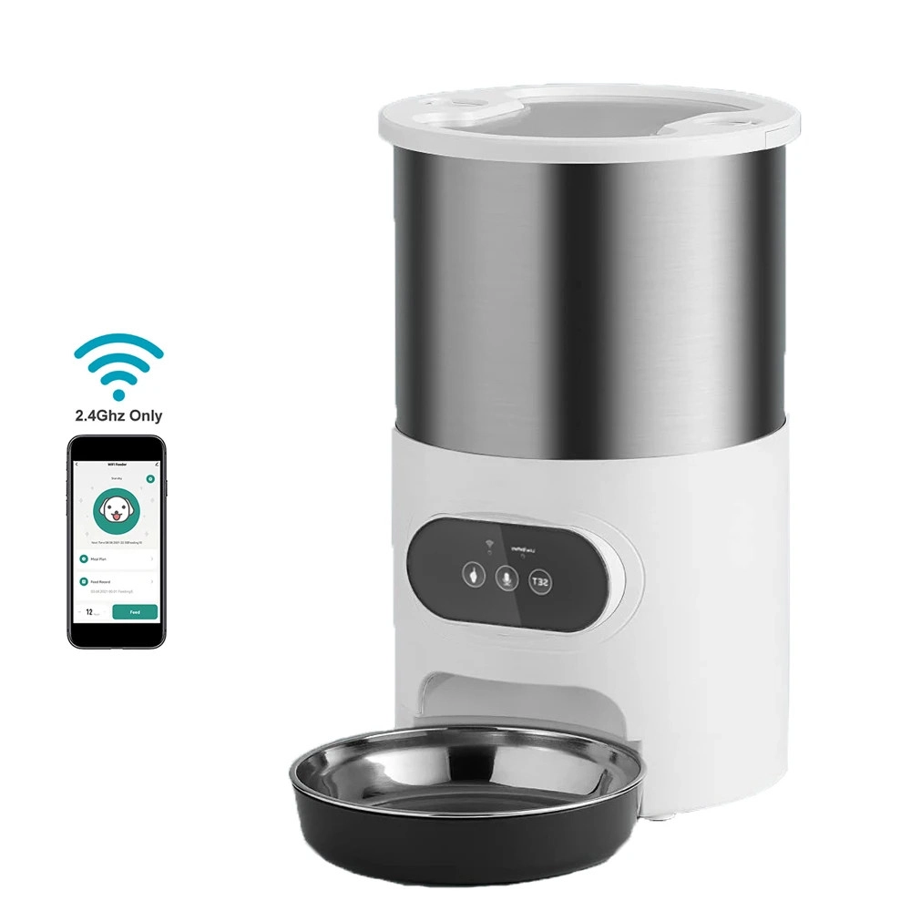 Nourrisseur automatique chat inox connecté vue de face avec bol et smartphone application