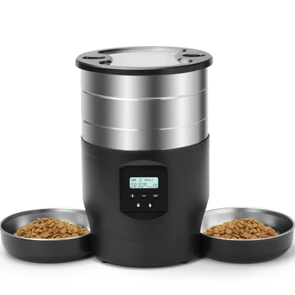 Distributeur automatique croquettes chat inox noir avec double bol et écran LCD