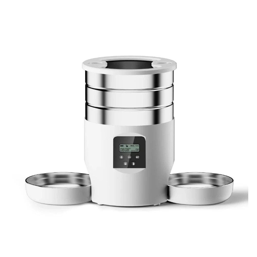 Nourrisseur automatique chat coloris blanc double bol inox écran LCD programmable