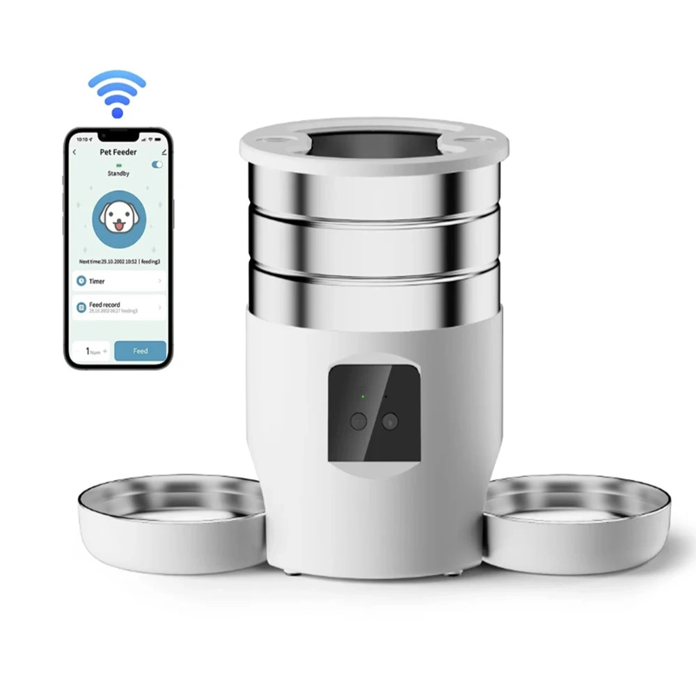 Distributeur croquette connecté inox blanc avec deux bols et application mobile affichée