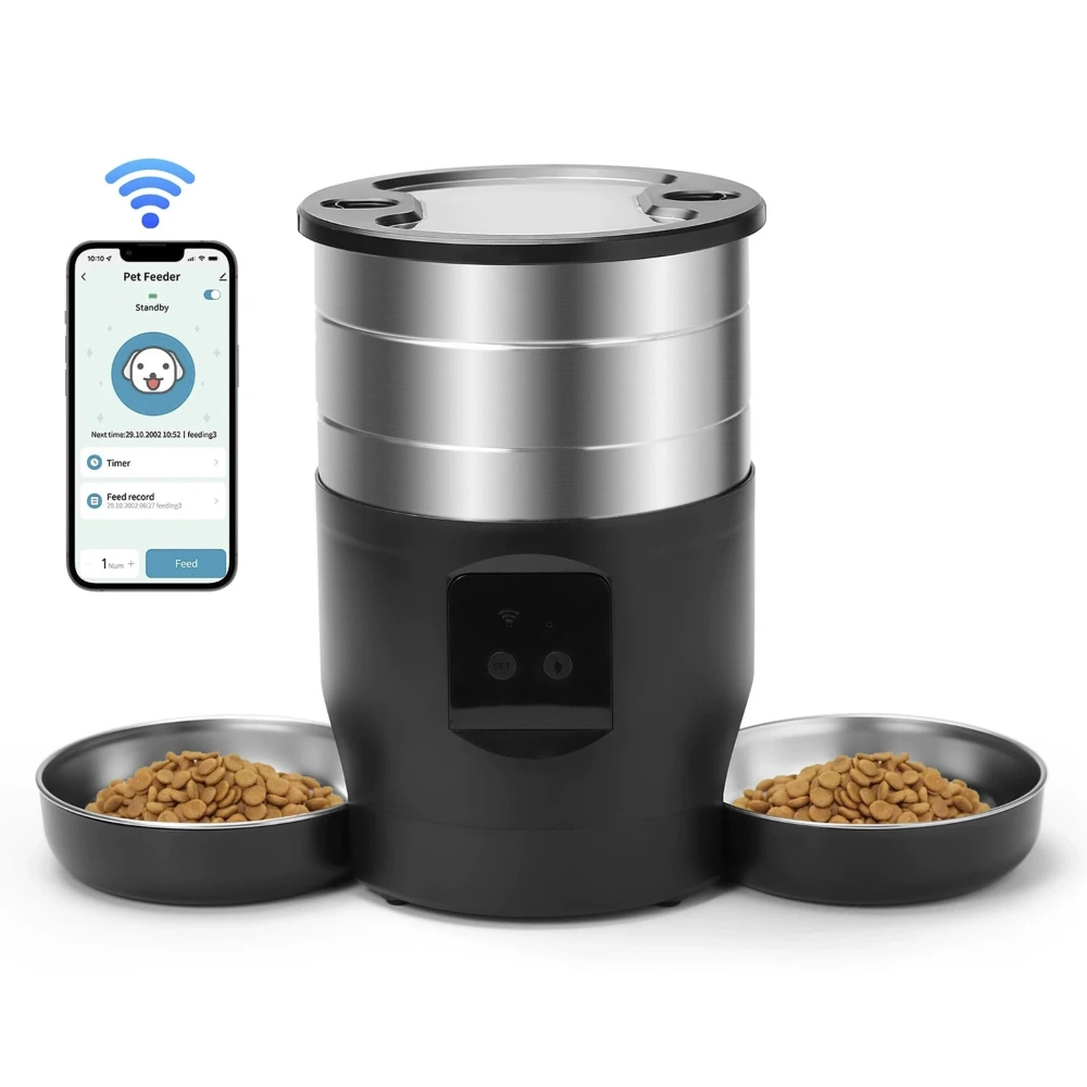 Nourrisseur automatique chien inox noir connecté Wi-Fi avec double gamelle remplie de croquettes