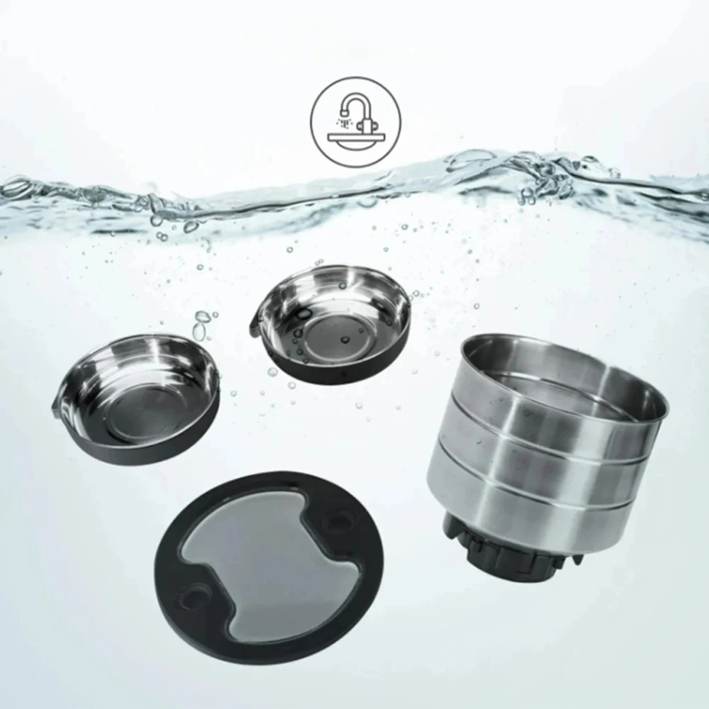 Composants démontables du distributeur inox : deux bols, couvercle et réservoir pour nettoyage