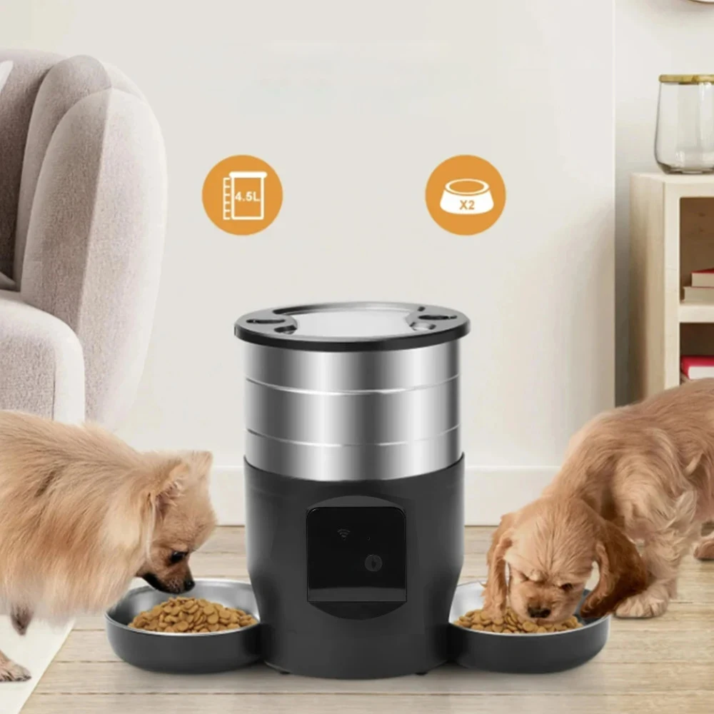 Deux chiens mangeant simultanément dans les bols du nourrisseur connecté inox 4,5 L