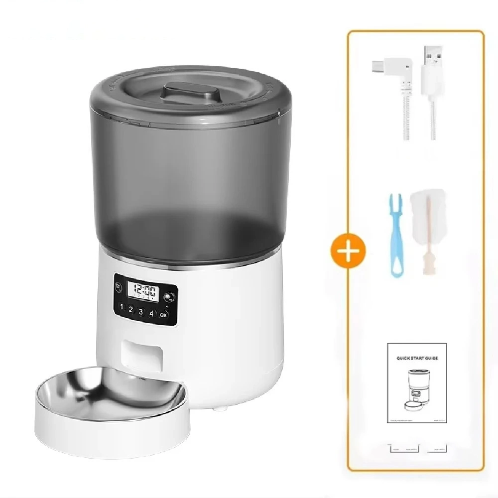 Distributeur croquettes automatique blanc pour chien avec écran LCD et bol inox amovible