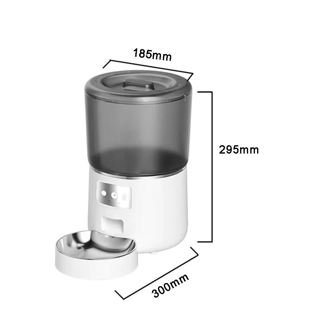 Dimensions du distributeur croquettes automatique blanc : 185 mm largeur, 295 mm hauteur, 300 mm base