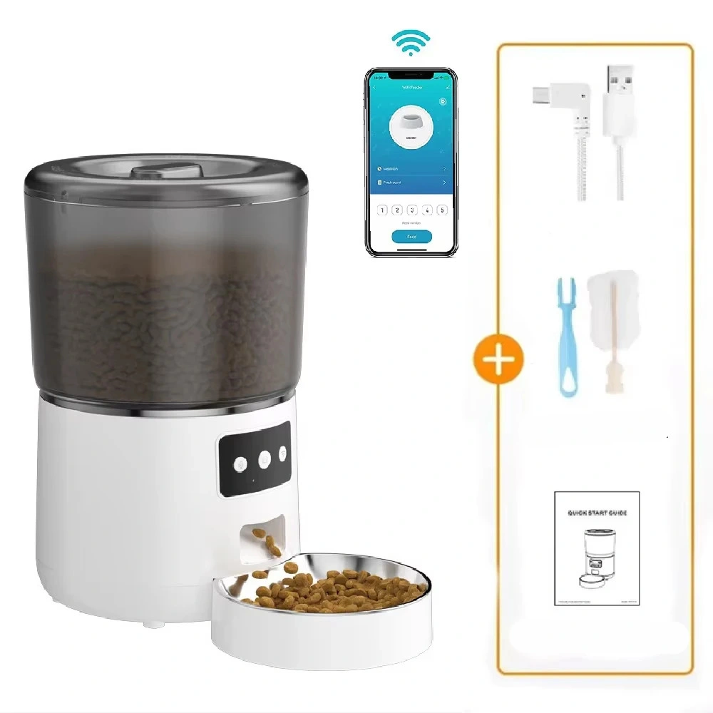 Distributeur croquette chien blanc connecté Wi-Fi avec bol inox et croquettes visibles dans le réservoir transparent