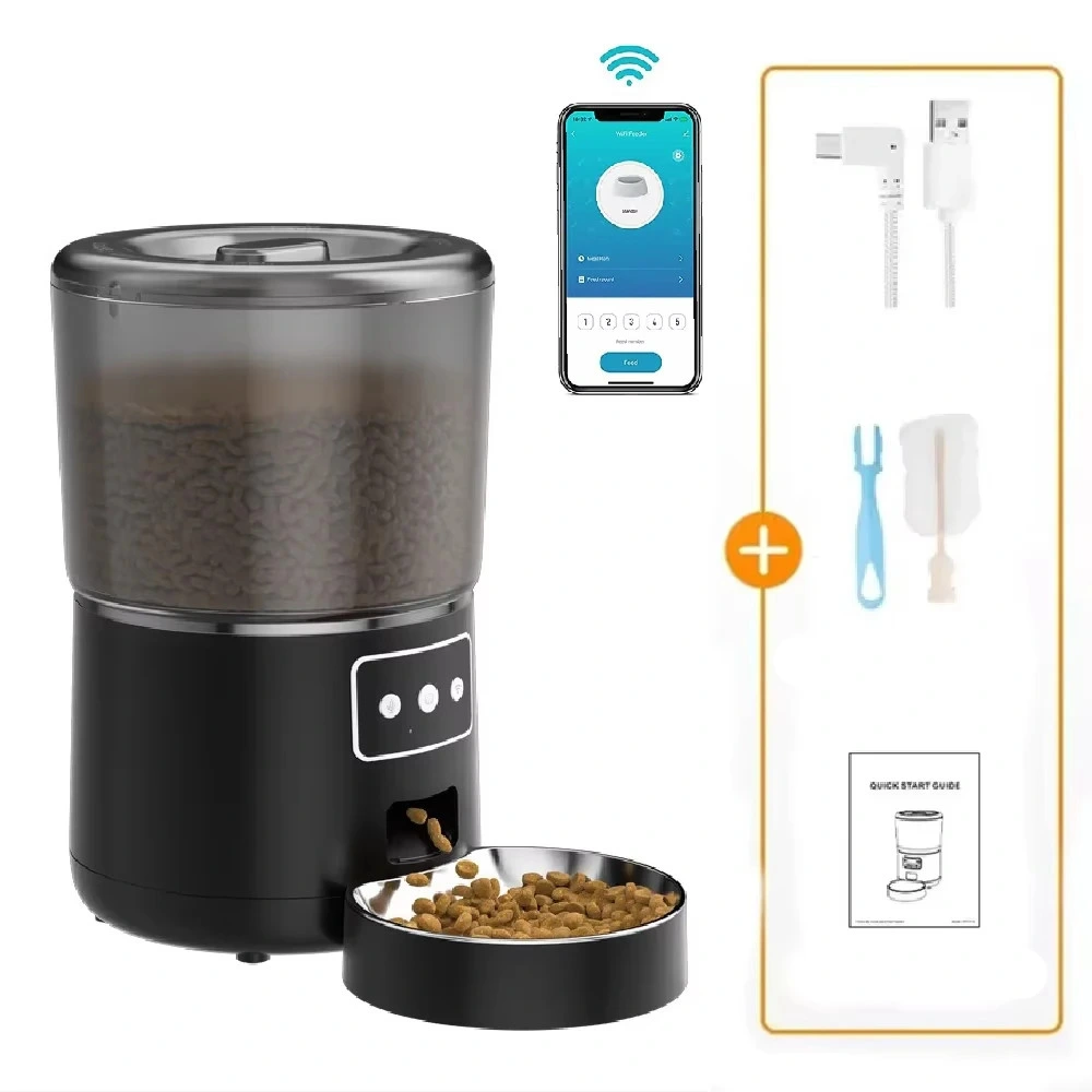 Nourrisseur automatique chien noir connecté application smartphone avec bol inox rempli de croquettes