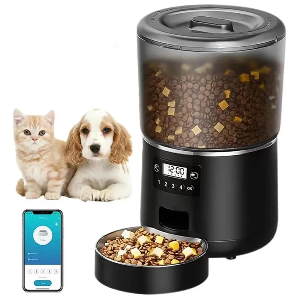 Distributeur croquette automatique noir pour chien et chat avec écran LCD et contrôle via application Wi-Fi