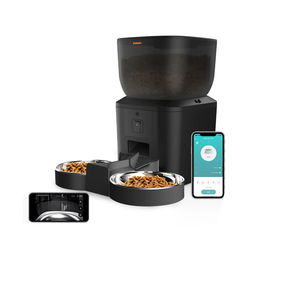 Distributeur croquettes automatique noir pour chat avec deux bols inox et application mobile