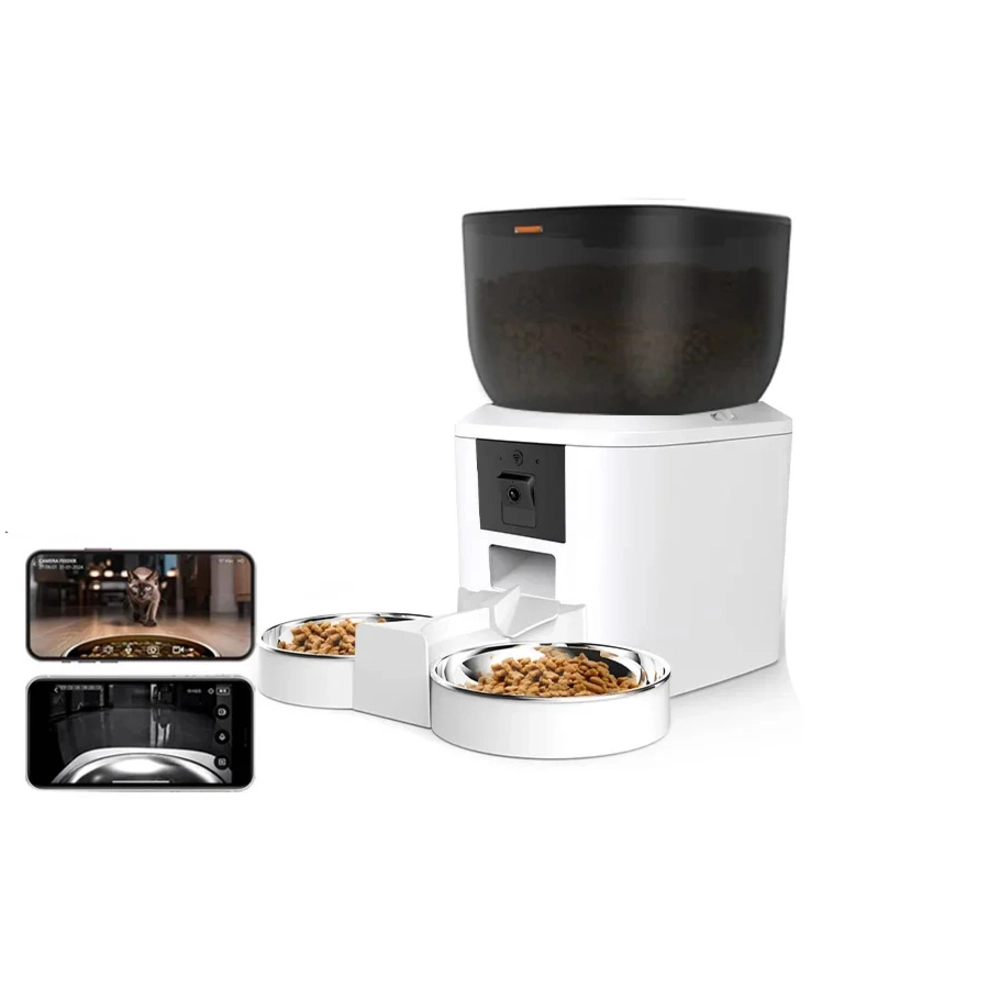 Distributeur croquettes connecté blanc pour chat avec caméra intégrée et deux bols inox