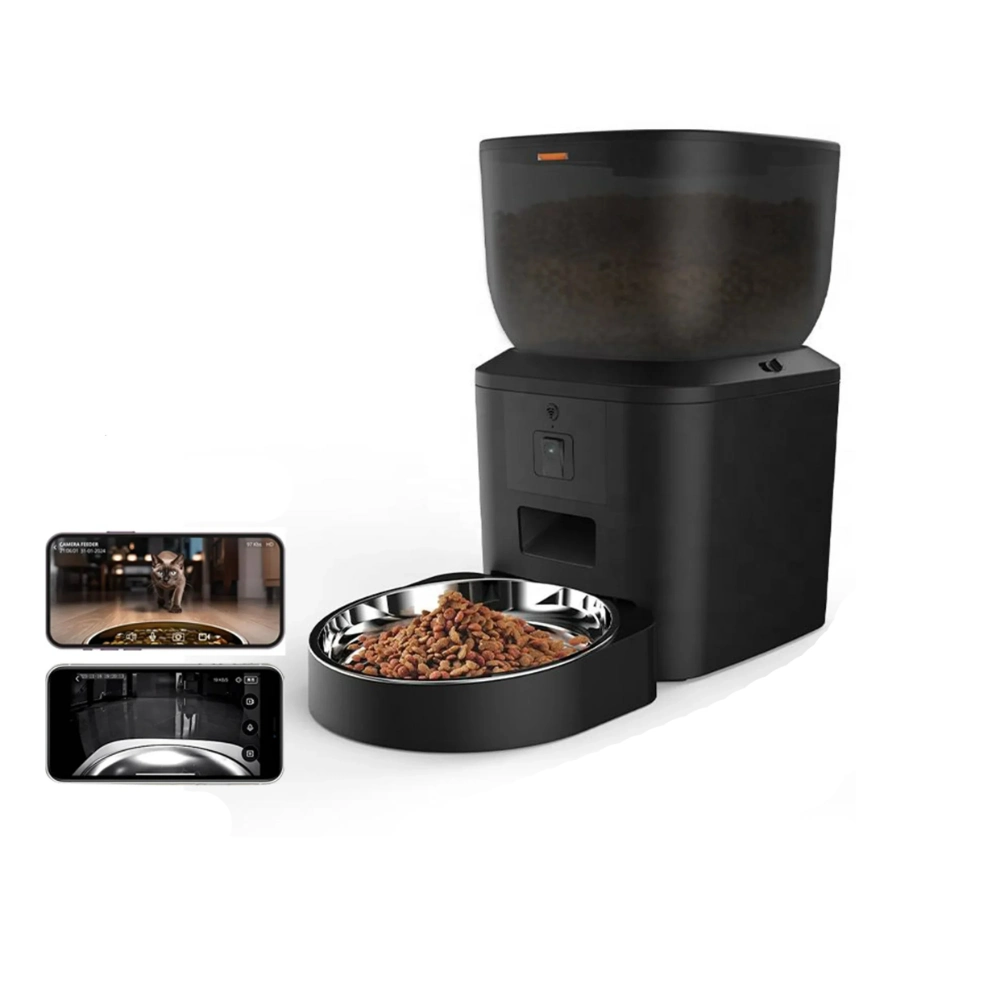 Distributeur croquette chat noir connecté avec bol inox rempli de croquettes et deux vues smartphone