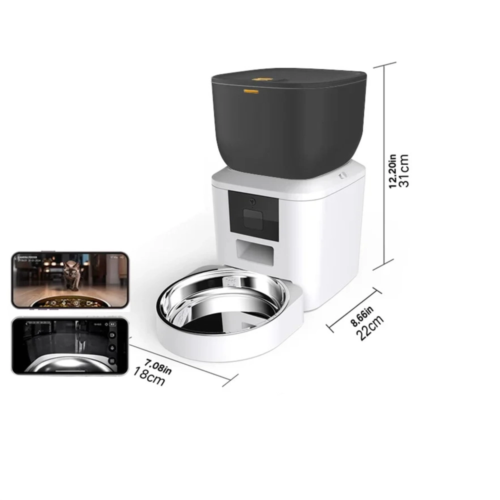 Distributeur croquette chat blanc avec dimensions 18x22x31 cm et bol inox amovible visible