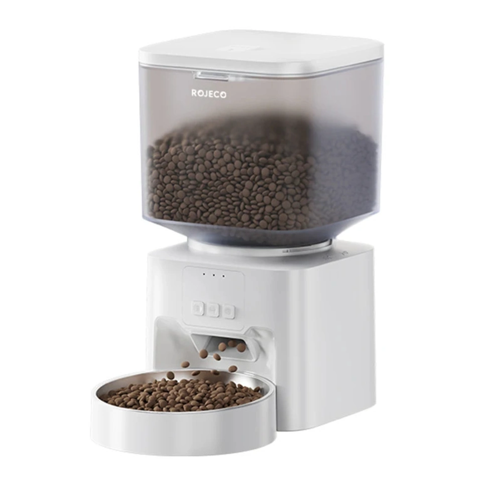 Distributeur croquettes automatique connecté Rojeco blanc avec bol inox rempli de croquettes
