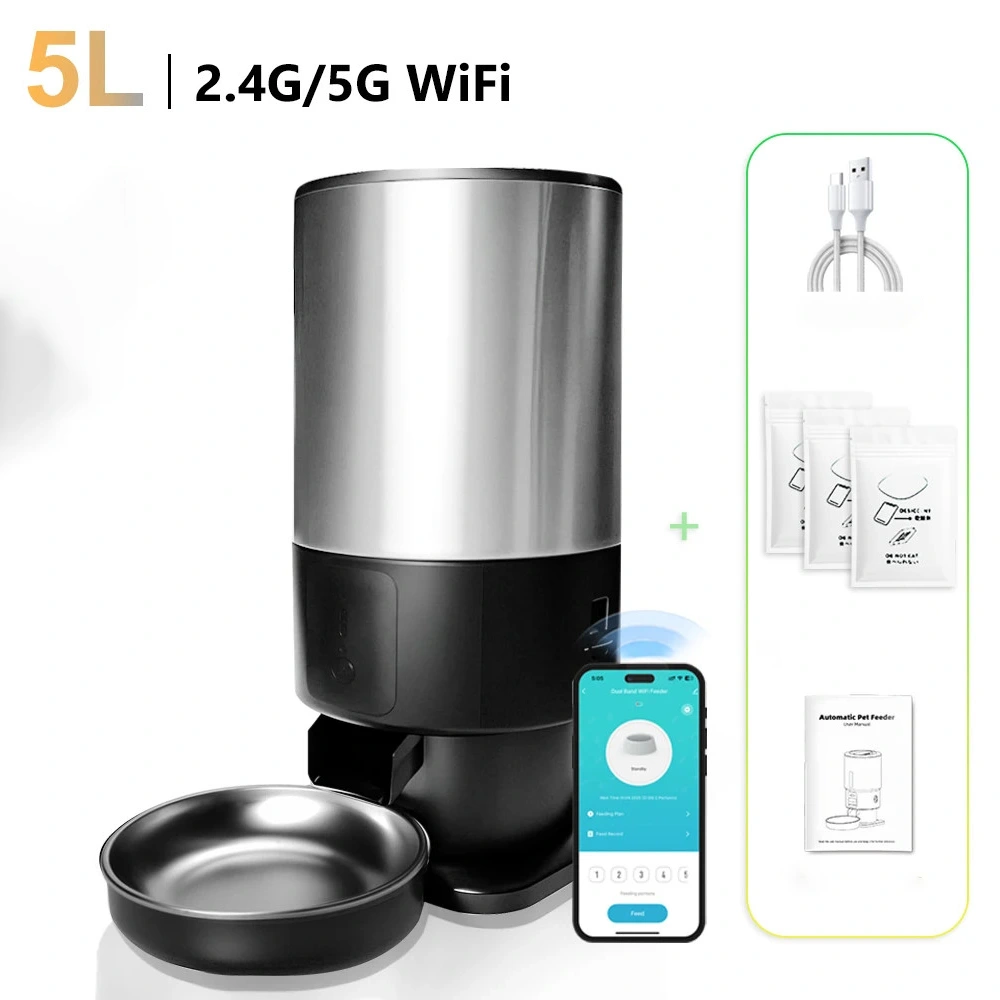 Distributeur croquette inox connecté 5L finition silver avec bol acier et application mobile